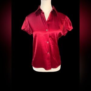 Theory Red Satin Button Up Blouse dressy casual business